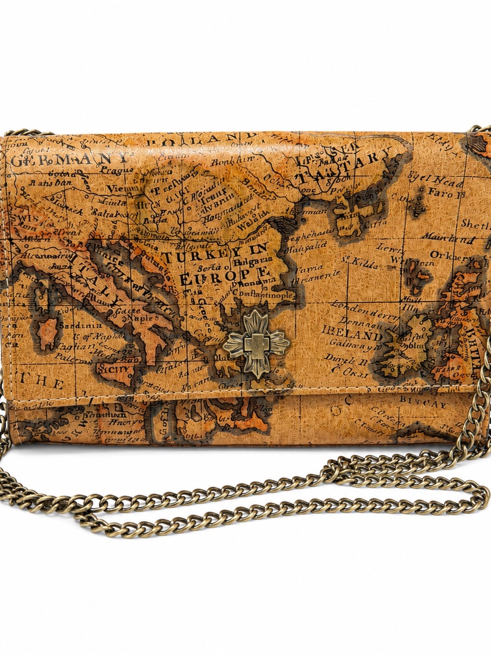 Patricia Nash Tan Vintage Map Crossbody with Brass Chain
